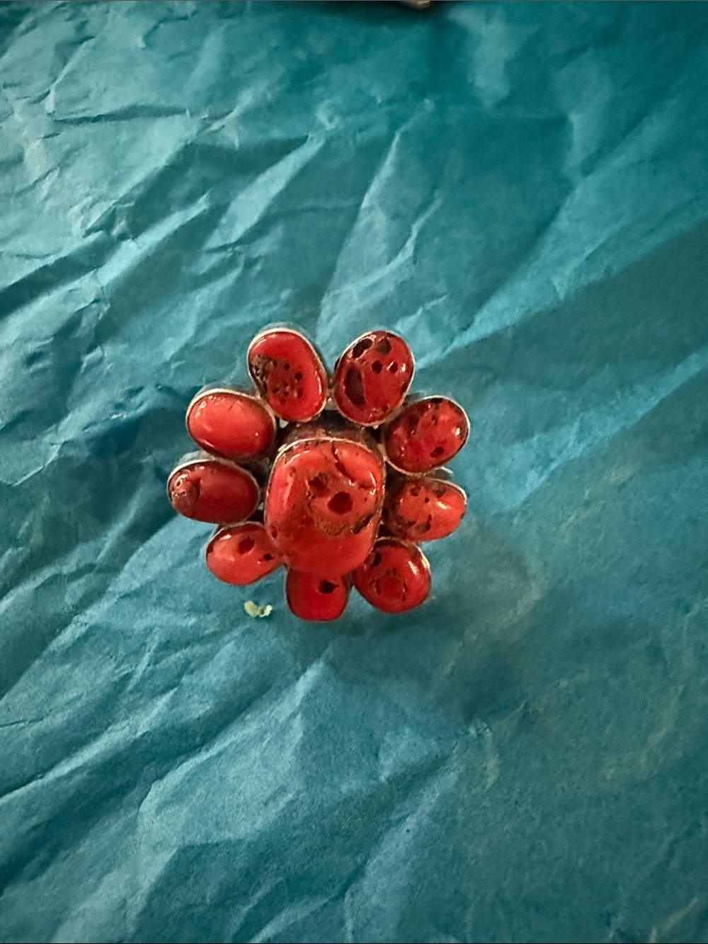 Red Floral Raw Coral Cluster Ring for Women Sterling silver